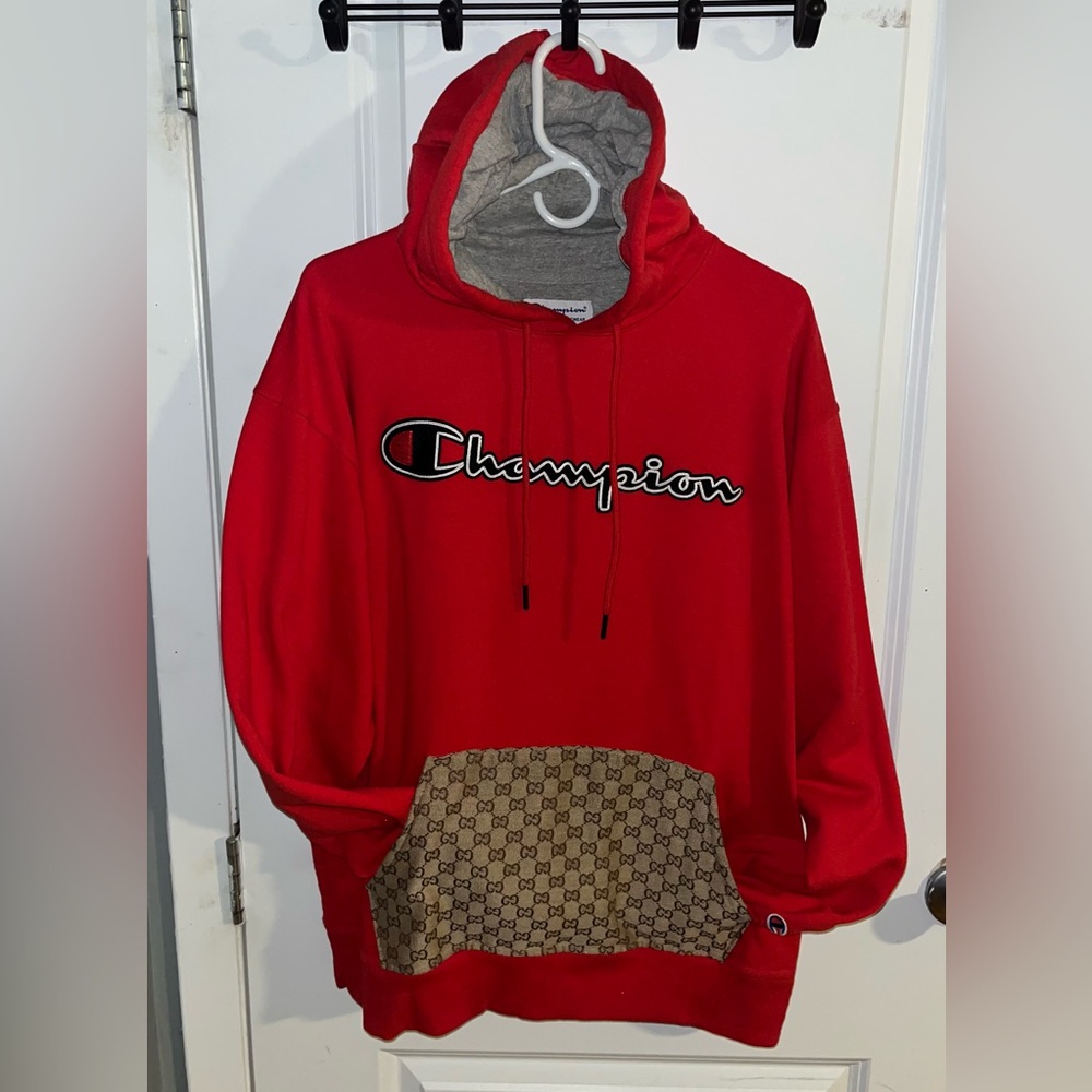 CUSTOM MADE Red Champion Hoodie Sweatshirt With GUCCI FABRIC Pocket Men’s Large